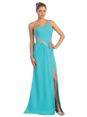 D8545 One Shoulder Evening Dress with Crisscross back. , Teal