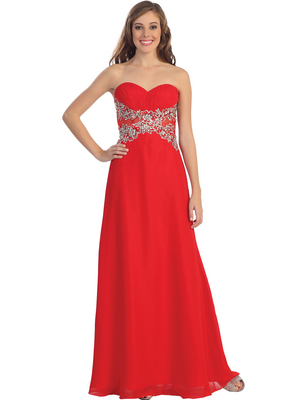 D8589 Sweetheart Sheer Panel Evening Dress, Red