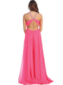 D8609 Open Back Pleated Bodice Embellished Halter Neck Prom Dress  - Fuschia, Back View Thumbnail