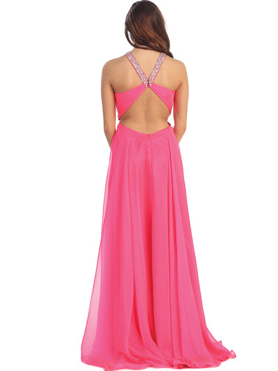 D8609 Open Back Pleated Bodice Embellished Halter Neck Prom Dress  - Fuschia, Back View Medium
