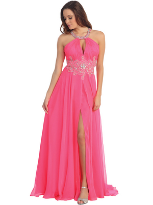 D8609 Open Back Pleated Bodice Embellished Halter Neck Prom Dress , Fuschia