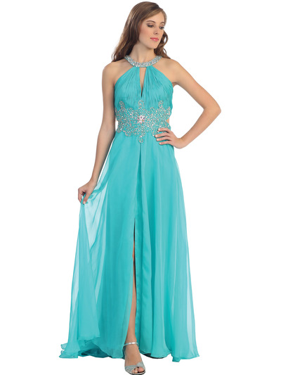 D8609 Open Back Pleated Bodice Embellished Halter Neck Prom Dress  - Teal, Front View Medium