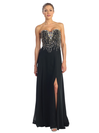 D8611 Strapless Sweetheart Evening Dress with Beads - Black, Front View Medium