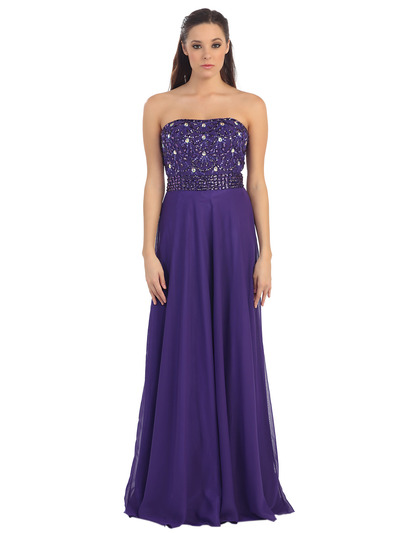 D8640 Strapless Sparkling Chiffon Prom Dress - Purple, Front View Medium