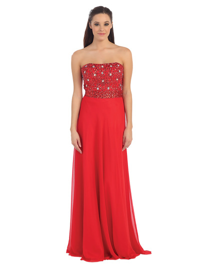 D8640 Strapless Sparkling Chiffon Prom Dress - Red, Front View Medium