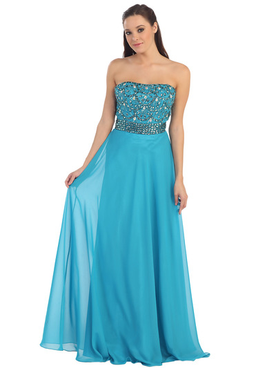 D8640 Strapless Sparkling Chiffon Prom Dress - Teal, Front View Medium