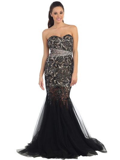 D8651 Strapless Fit and Flare Prom Dress - Black Nude, Front View Medium