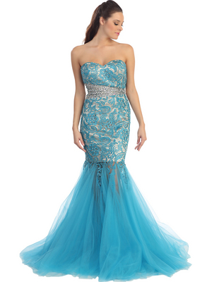 D8651 Strapless Fit and Flare Prom Dress, Teal Nude