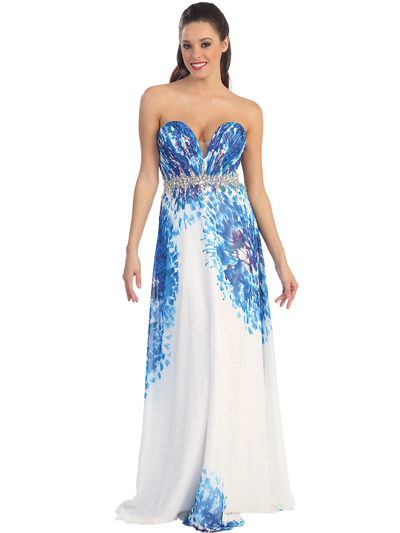 D8659 Printed Plunge Sweetheart Evening Gown - Print, Front View Medium