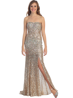 D8661 Strapless Sequin Prom Dress, Gold