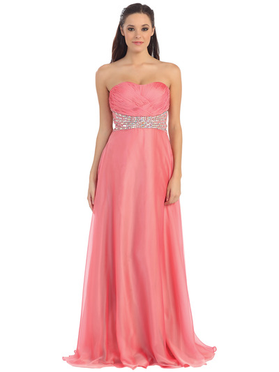 D8663 Strapless Chiffon Prom Gown - Coral, Front View Medium