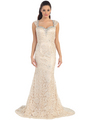 D8664 Wide Strap Lace Evening Dress - Beige, Front View Thumbnail