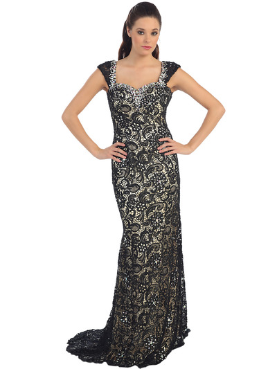 D8664 Wide Strap Lace Evening Dress - Black Nude, Front View Medium