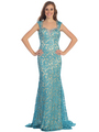 D8664 Wide Strap Lace Evening Dress - Teal Nude, Front View Thumbnail