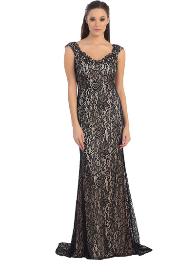 D8670 Lace Evening Dress  - Black, Front View Medium