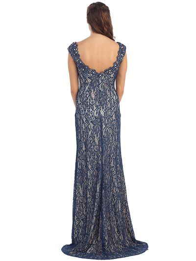 D8670 Lace Evening Dress  - Navy, Back View Medium