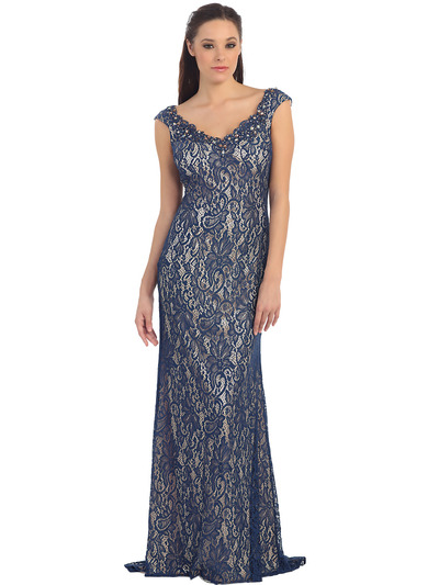 D8670 Lace Evening Dress  - Navy, Front View Medium