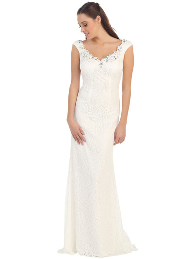 D8670 Lace Evening Dress  - Off White, Front View Medium