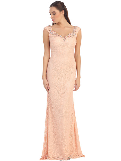 D8670 Lace Evening Dress  - Peach, Front View Medium