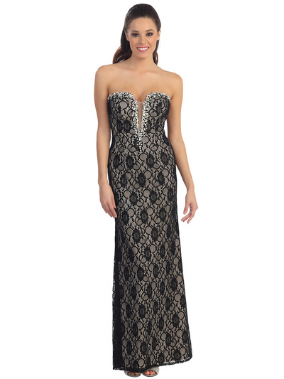 D8692 Strapless Sweetheart Lace Evening Dress - Black, Front View Medium