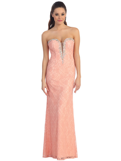 D8692 Strapless Sweetheart Lace Evening Dress - Peach, Front View Medium