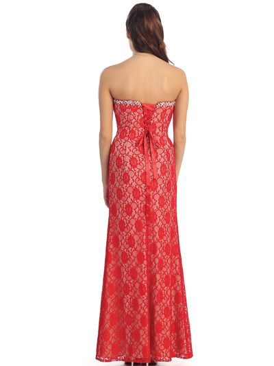 D8692 Strapless Sweetheart Lace Evening Dress - Red, Back View Medium