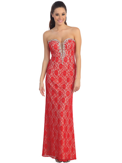 D8692 Strapless Sweetheart Lace Evening Dress - Red, Front View Medium