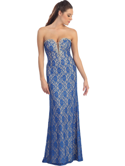 D8692 Strapless Sweetheart Lace Evening Dress - Royal Blue, Front View Medium