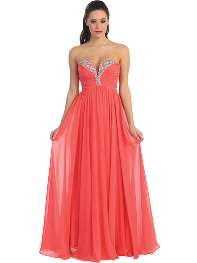 D8693 Plunging Strapless Prom Dress - Coral, Front View Medium