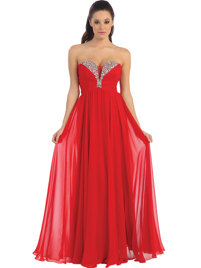 D8693 Plunging Strapless Prom Dress - Red, Front View Medium