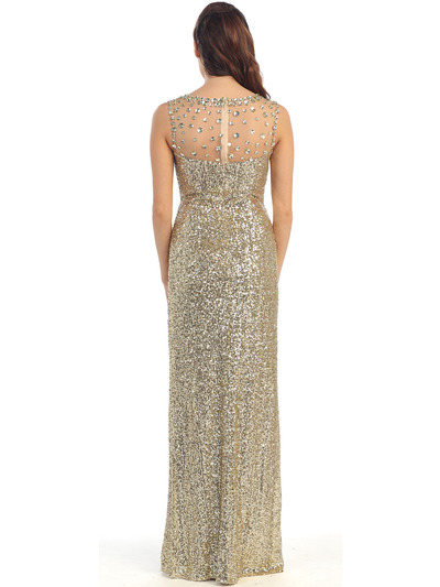D8698 Illusion Yoke Sequin Bodice Evening Dress with Slit  - Gold, Back View Medium