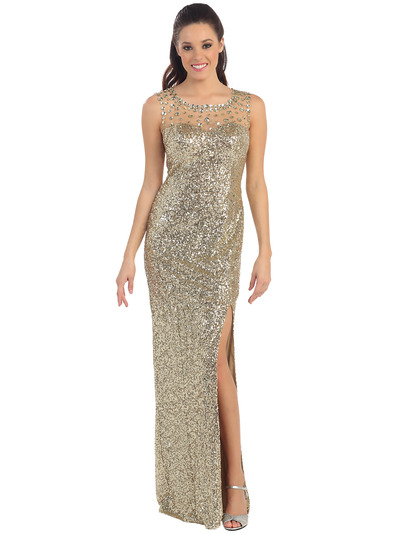 D8698 Illusion Yoke Sequin Bodice Evening Dress with Slit  - Gold, Front View Medium