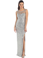 D8698 Illusion Yoke Sequin Bodice Evening Dress with Slit  - Silver, Front View Thumbnail