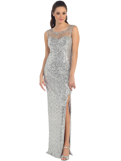 D8698 Illusion Yoke Sequin Bodice Evening Dress with Slit  - Silver, Front View Medium