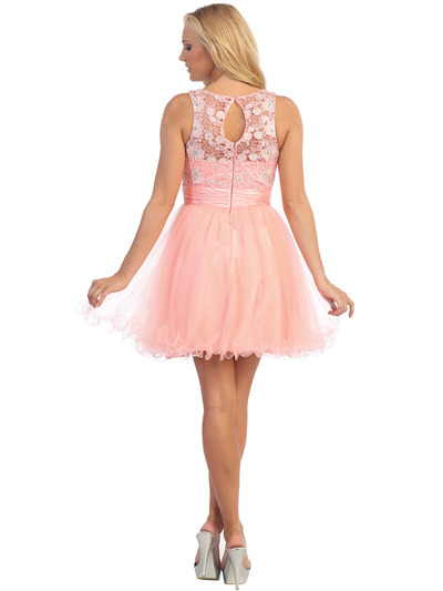 D8798 Lace and Sparkling Top Cocktail Dress - Neon Peach, Back View Medium