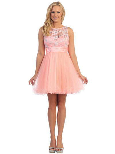 D8798 Lace and Sparkling Top Cocktail Dress - Neon Peach, Front View Medium