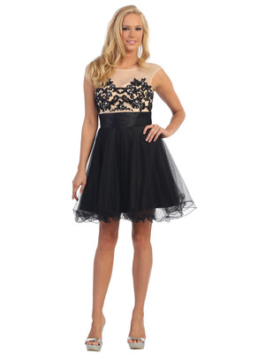 D8845 Sheer Illusion Embroidery Cocktail Dress, Black