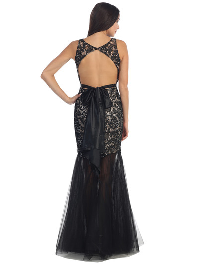 D8851 Lace Overlay Sleeveless Prom Dress - Black, Back View Medium