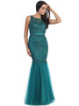 D8851 Lace Overlay Sleeveless Prom Dress - Dark Green, Front View Thumbnail