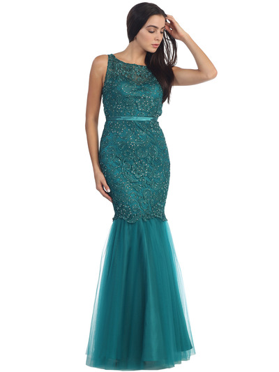 D8851 Lace Overlay Sleeveless Prom Dress - Dark Green, Front View Medium