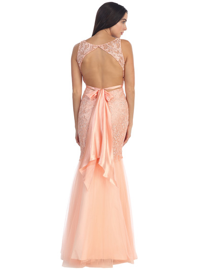 D8851 Lace Overlay Sleeveless Prom Dress - Peach, Back View Medium