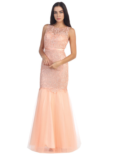 D8851 Lace Overlay Sleeveless Prom Dress - Peach, Front View Medium