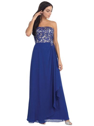 D8921 Lace Overlay Faux Wrap Evening Dress - Royal Blue, Front View Medium