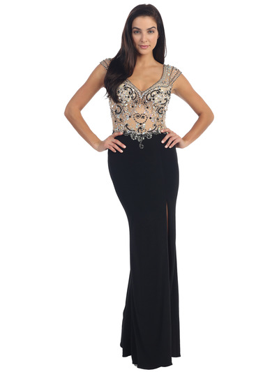 D8923 Embellished Bodice Prom Dress - Black, Front View Medium