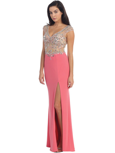 D8923 Embellished Bodice Prom Dress - Coral, Front View Medium