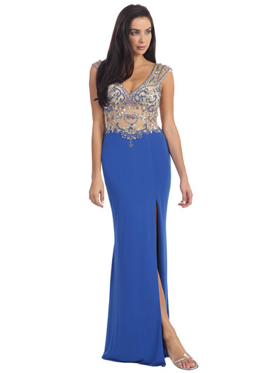 D8923 Embellished Bodice Prom Dress - Royal Blue, Front View Medium