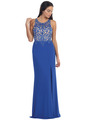 D8925 Illusion Yoke Mesh Evening Dress - Royal Blue, Front View Thumbnail