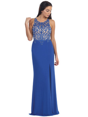 D8925 Illusion Yoke Mesh Evening Dress, Royal Blue