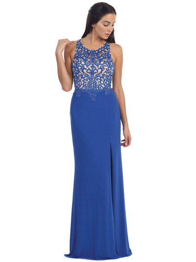 D8925 Illusion Yoke Mesh Evening Dress - Royal Blue, Front View Medium