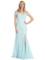 D8927 Drop Shoulder Lace Evening Dress with Slit - Aqua, Front View Thumbnail